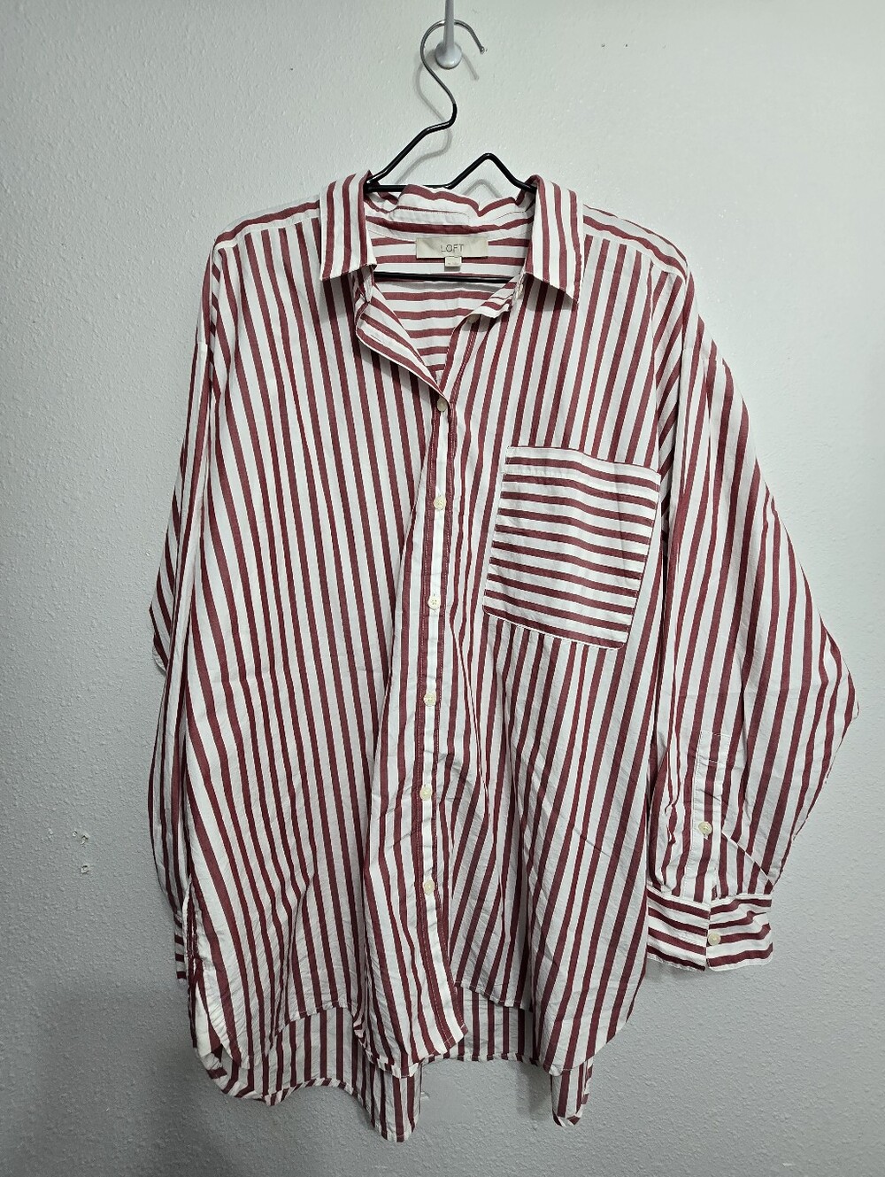 LOFT Red and White Striped Button Down Shirt - Size XL